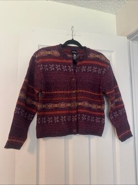100% wool Jacob Maroon Fair Isle Button-Front Cardigan